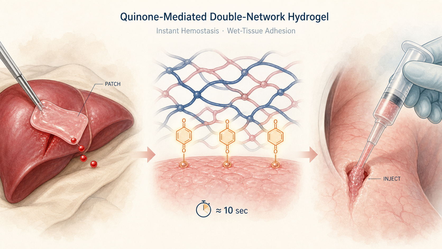 Quinone-Mediated Double-Network Hydrogel for Instant Hemostasis