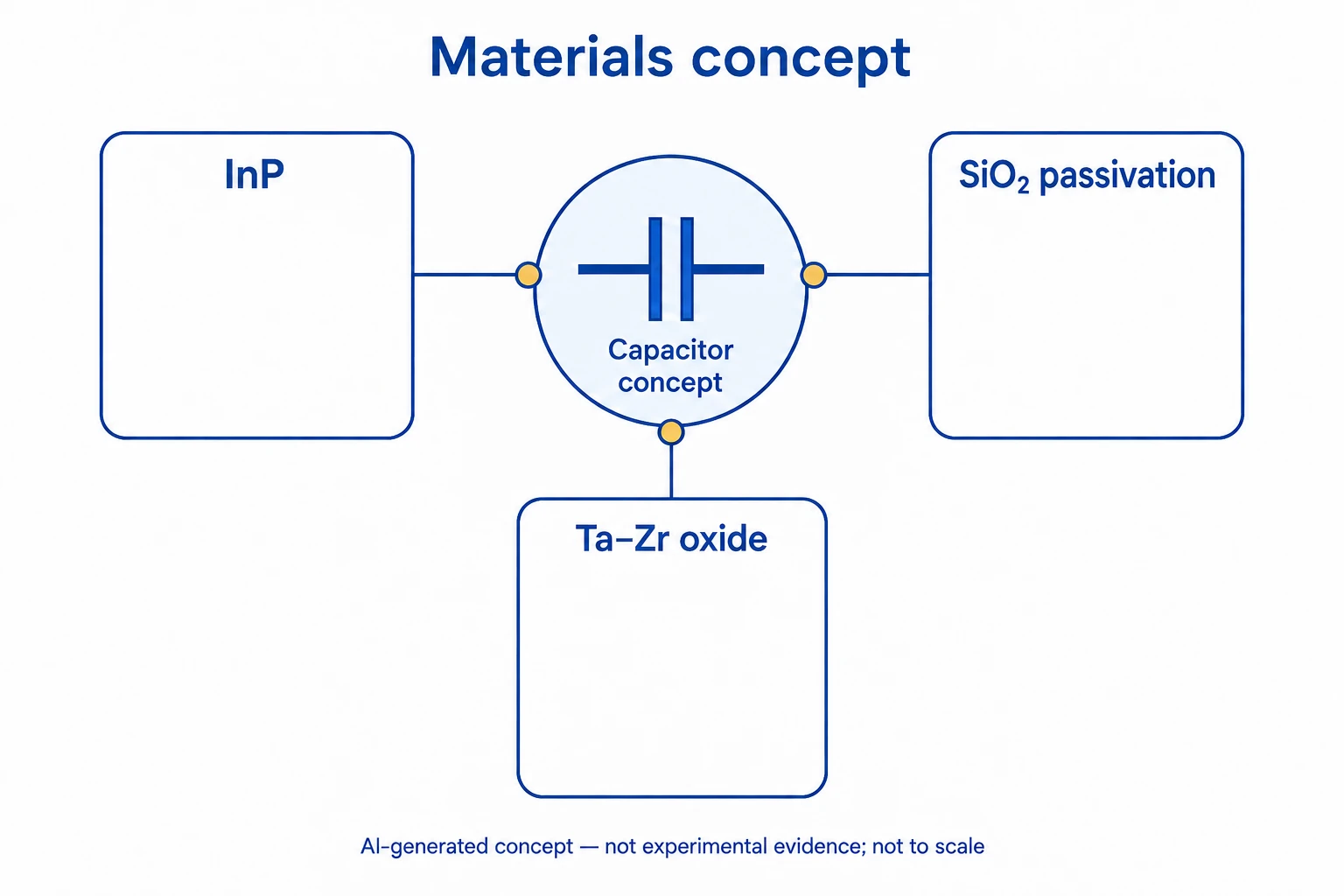 흰 바탕에 InP, SiO2 passivation, Ta–Zr oxide라는 라벨만 남은 빈 카드 세 개가 중앙의 중립 커패시터 기호와 연결된 청색·금색 비축척 재료 개념도입니다.