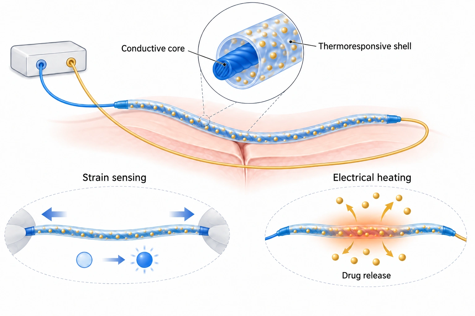 Concept of a conductive fiber and drug-containing outer shell near a wound, with external wires and a qualitative sensing cue. The PDMS intermediate layer is omitted.